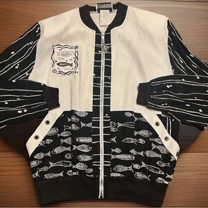 Vintage Peter Popovitch full zip Top Blouse Fish Print with Shoulder Pads